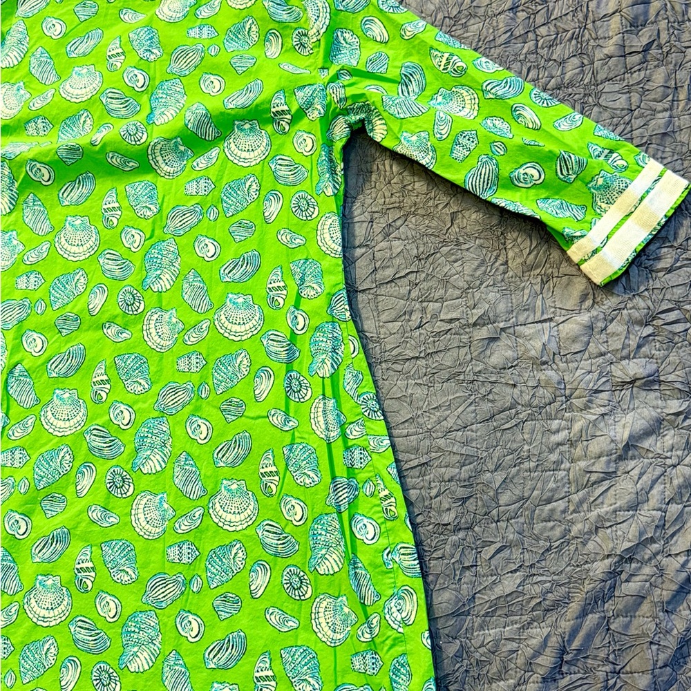 Vtg Lauren Gold Tunic Dress Lime Green Seashell Print Cotton Resort Beach Sz 10 - Picture 10 of 12